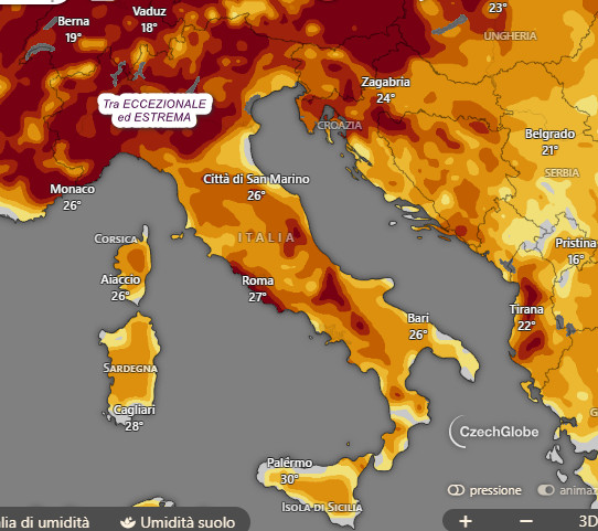 previsione dello stato di siccità in Italia ad 1 metro di profondità che avremo probabilmente sabato 18 luglio