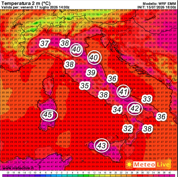 temperature attese AL SUOLO alle ore 16 di venerdi 17 luglio