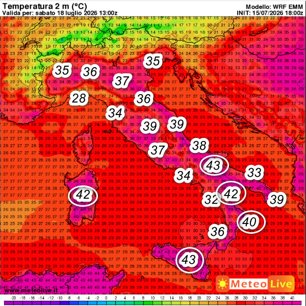 temperature previste AL SUOLO alle ore 15 di sabato 18 luglio