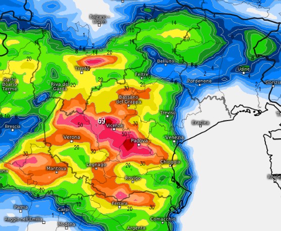 Temporali forti sul Veneto secondo il modello SUISSE su base grafica Meteologix.