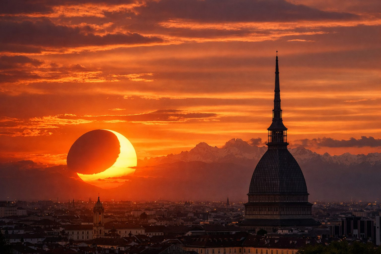 L'eclisse così come si prevede a Torino al tramonto.