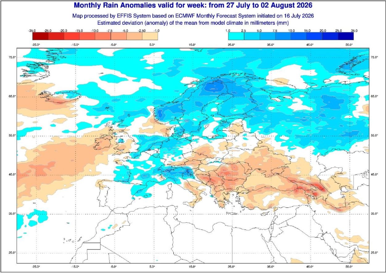 anomalie precipitative attese in Italia secondo il modello ECMWF elaborato su base Copernicus, tra il 27 luglio ed il 2 agosto