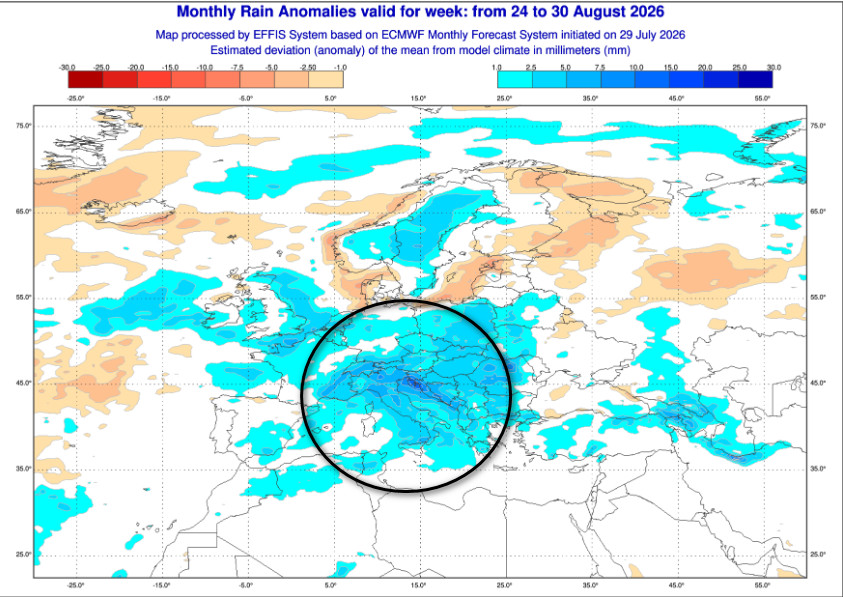 anomalie precipitative attese in Europa nel lasso temporale compreso tra il 24 ed il 30 agosto