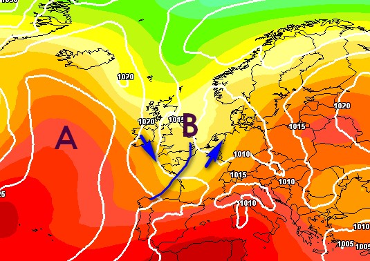 Il potenziale affondo temporalesco di sabato 18 luglio sul settentrione visto dal modello GFS.