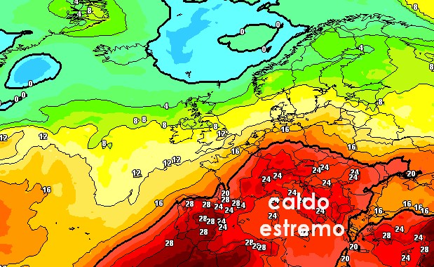 Il caldo estremo previsto dal modello GFS per il primo agosto a 1500m sull'Italia su base grafica Meteociel.