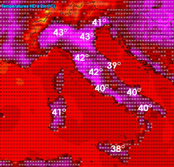 Le temperature previste al suolo dal modello GFS sull'Italia per il primo agosto su base grafica Meteociel.