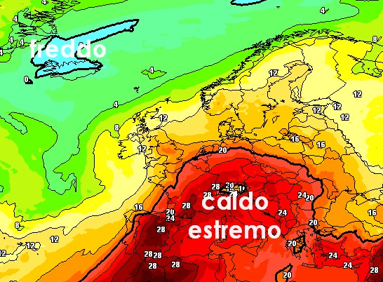 La mappa termica a 1500m prevista dal modello GFS per il 31 luglio su base grafica Meteociel. 