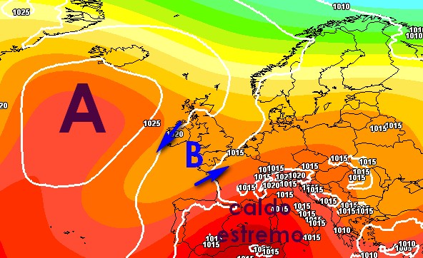 Mappa barica prevista per venerdì 17 luglio dal modello GFS su base grafica Meteociel.