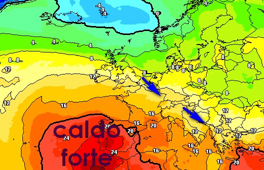 L'analisi termica a 1500m prevista dal modello GFS su base grafica Meteociel per domenica 5 luglio all'alba.