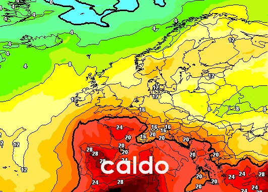 Mappa termica a 1500m prevista per l'11 luglio tratta dal modello GFS su base grafica Meteociel.