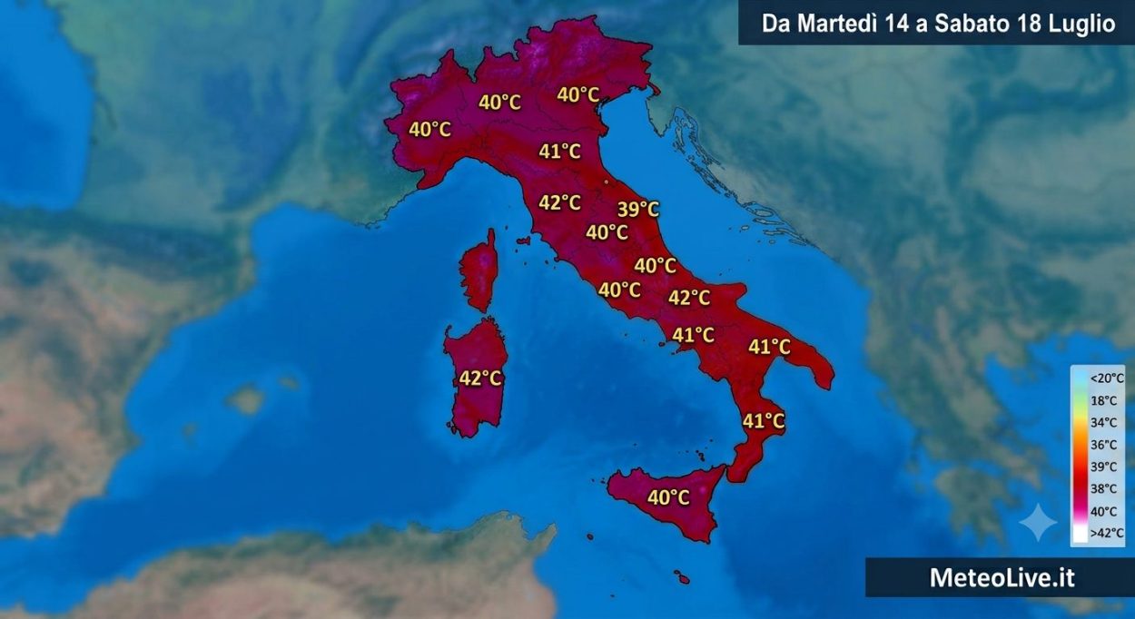 Le temperature più elevate previste durante l'acme della fase anticiclonica africana tra il 14 e il 18 luglio.
