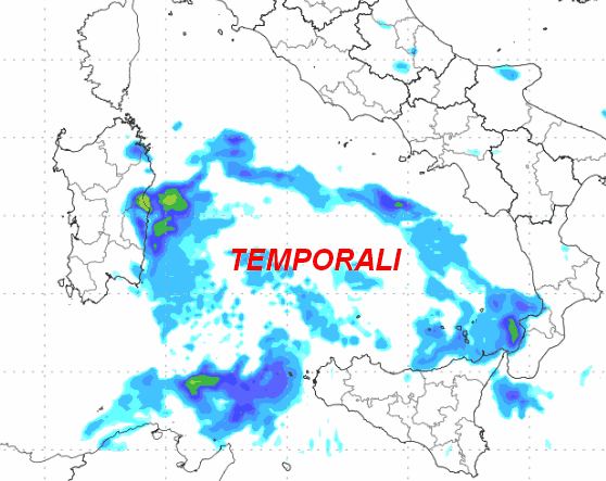 sommatoria delle precipitazioni attese in Italia fino alle ore 14 di venerdi 3 luglio secondo il modello Moloch elaborato su base grafica Lamma