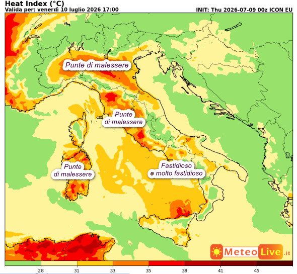 INDICE di DISAGIO da CALDO atteso in Italia alle ore 17 di venerdi 10 giugno