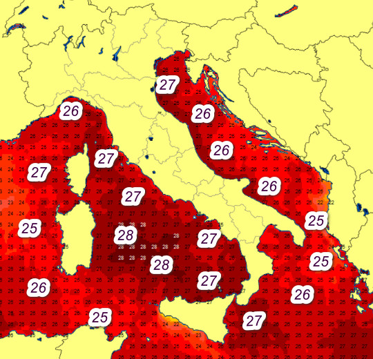 temperature superficiali dei nostri mari aggiornate a mercoledi 8 luglio