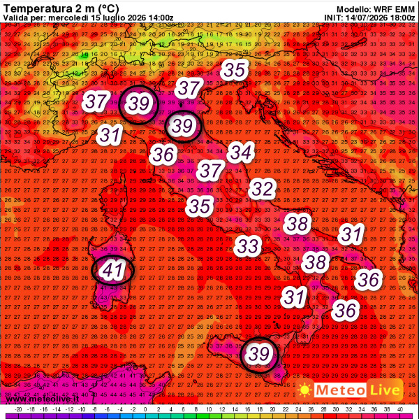 temperature attese in Italia alle ore 16 di mercoledi 15 luglio