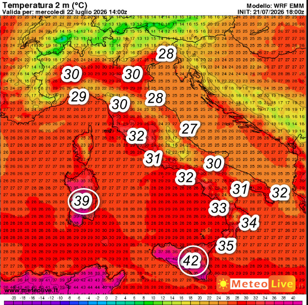 temperature previste in Italia alle ore 16 di mercoledi 22 luglio
