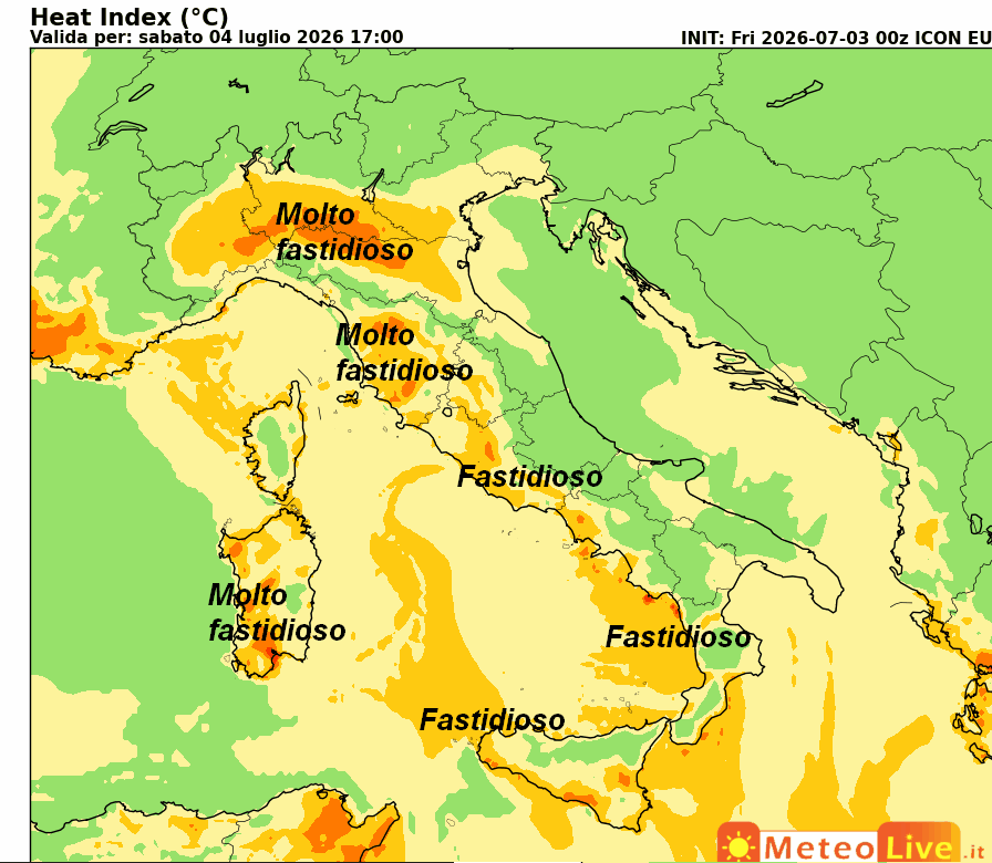 INDICE di DISAGIO da CALDO atteso in Italia alle ore 17 di sabato 4 luglio
