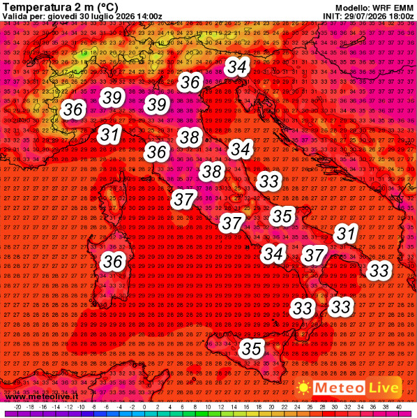 temperature attese in Italia alle ore 16 di giovedi 30 luglio