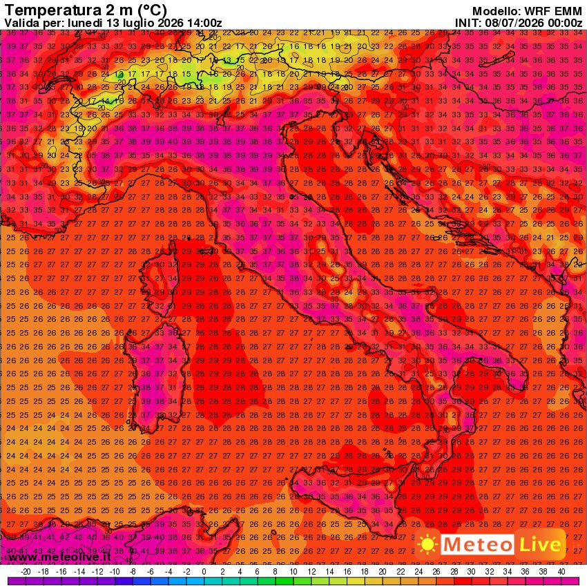 temperature al suolo previste in Italia alle ore 16 di lunedi 13 luglio