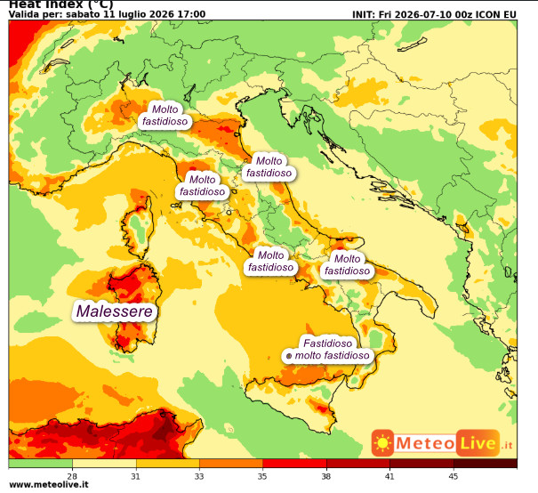 indice di disagio da caldo atteso in Italia alle ore 17 di sabato 11 luglio
