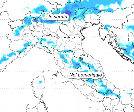 temporali attesi in Italia tra le 14 di lunedi 20 luglio e le 2 di notte su martedì 21 luglio secondo il modello Moloch elaborato su base grafica Lamma