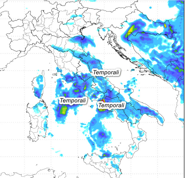 sommatoria dei temporali attesi in Italia fino alle ore 14 di giovedi 2 luglio secondo il modello Moloch elaborato su base grafica Lamma