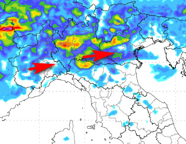 sommatoria dei fenomeni attesi al settentrione tra le 14 e le 00 su giovedi 16 luglio secondo il modello Moloch elaborato su base grafica Lamma