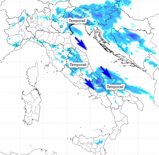  sommatoria delle precipitazioni attese in Italia tra le 14 di giovedi 23 e le 2 di notte su venerdi 24 luglio secondo il modello Moloch elaborato su base grafica Lamma