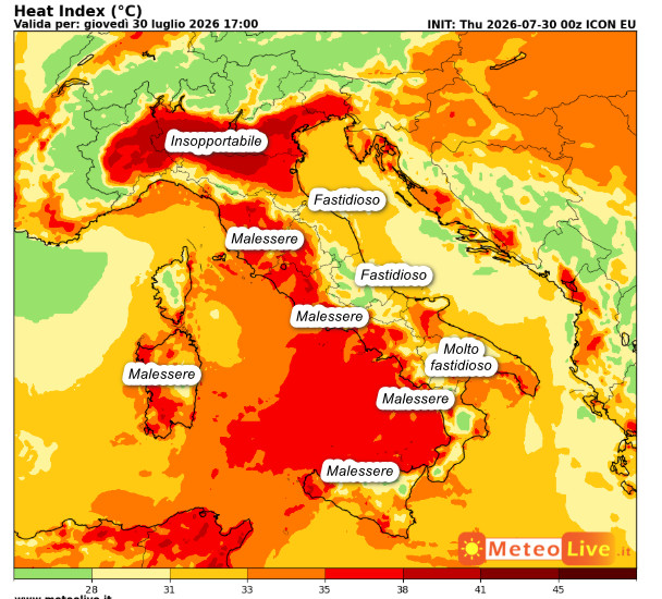INDICE di DISAGIO da CALDO atteso in Italia alle ore 17 di giovedi 30 luglio