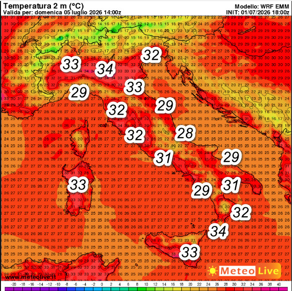 temperature attese al suolo alle ore 16 di domenica 5 luglio