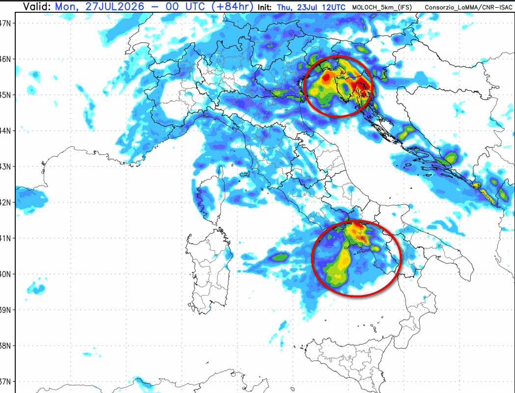 sommatoria delle precipitazioni attese in sede italica tra le 14 di domenica 26 e le 00 su lunedi 27 luglio sempre secondo il modello Moloch elaborato su base grafica Lamma