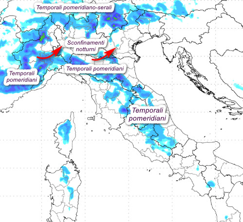 sommatoria dei temporali attesi in Italia tra le 14 di venerdi 10 e le 2 su sabato 11 luglio sempre secondo il modello Moloch elaborato su base grafica Lamma