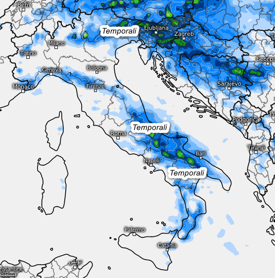 temporali attesi in Italia nell'arco della giornata di giovedi 23 luglio sempre secondo il modello ECMWF elaborato su base grafica Meteologix