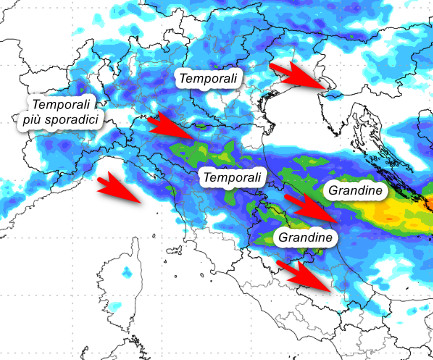 sommatoria delle precipitazioni attese in Italia tra le 14 e le 2 di notte su mercoledi 22 luglio sempre secondo il modello Moloch elaborato su base grafica Lamma