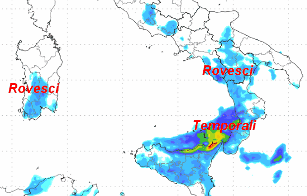 sommatoria delle precipitazioni attese in Italia tra le 14 di venerdi 3 e le 2 su sabato 4 luglio sempre secondo il modello Moloch elaborato su base grafica Lamma
