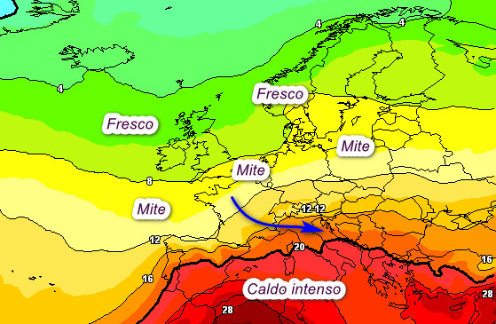 temperature a 1500 metri attese in Europa nella giornata di martedì 21 luglio secondo la media degli scenari del modello GFS elaborato su base grafica Meteociel