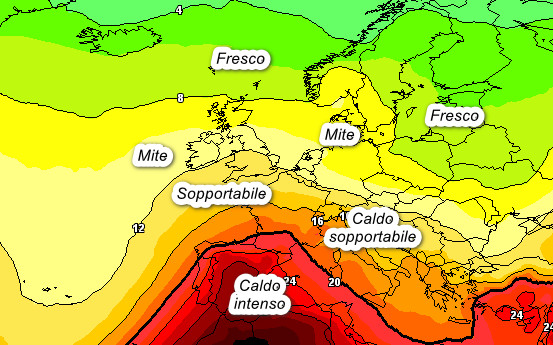 temperature a 1500 metri attese in Europa nelle ore centrali di giovedi 23 luglio secondo la media degli scenari del modello GFS elaborata su base grafica Meteociel