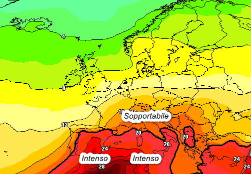 temperature a 1500 metri attese in Europa dalla media degli scenari del modello GFS elaborato su base grafica Meteociel