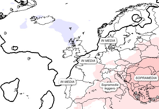 anomalie termiche attese in Italia nella giornata di lunedi 3 agosto sempre secondo la media degli scenari del modello GFS elaborato su basa grafica Meteociel