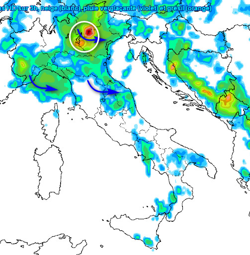 sommatoria delle precipitazioni attese sul nostro Paese tra le 17 e le 20 di mercoledi 1 luglio