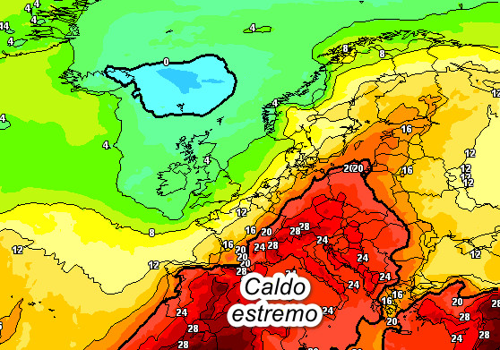 temperature a 1500 metri attese in Europa nel pomeriggio di venerdi 31 luglio secondo il modello GFS elaborato si base grafica meteociel
