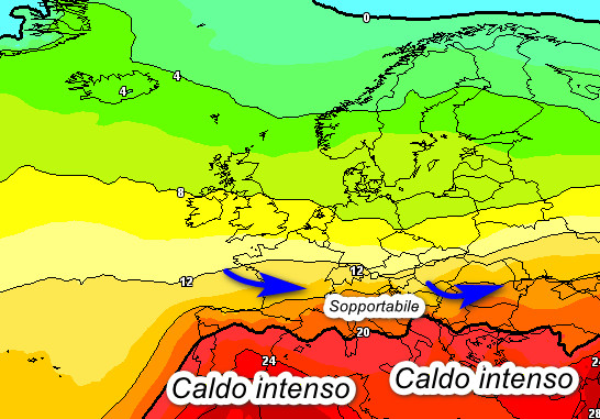 temperature a 1500 metri attese in Europa nelle ore centrali di sabato 8 agosto secondo la media degli scenari del modello GFS elaborata su base grafica Meteociel