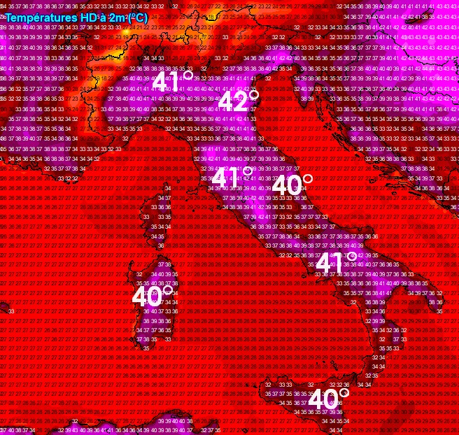 Le temperature al suolo previste per il 3 agosto dal modello GFS su base grafica Meteociel.