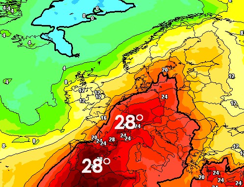 Le temperature a 1500m previste per il 31 luglio dal modello GFS su base grafica Meteociel.