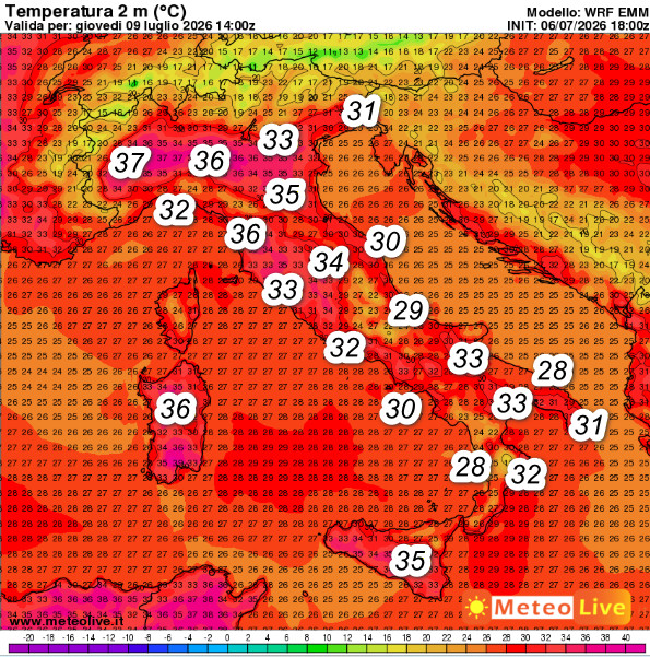 temperature attese in Italia alle ore 16 di giovedi 9 luglio