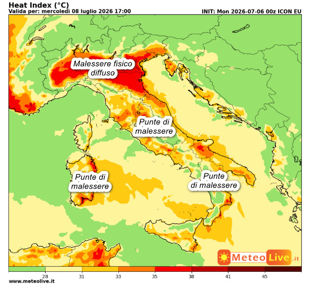 INDICE di DISAGIO da CALDO atteso in Italia alle ore 17 di mercoledi 8 luglio