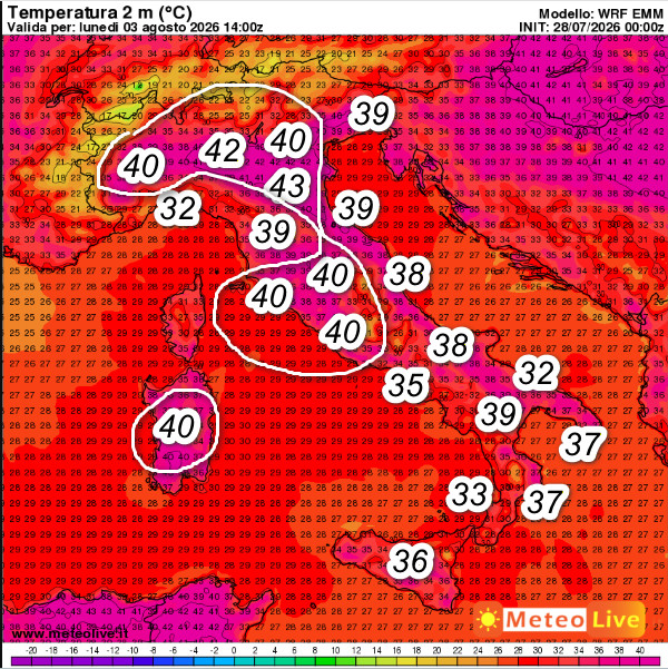 temperature al suolo contemplate oggi per lunedi 3 agosto attorno alle ore 16