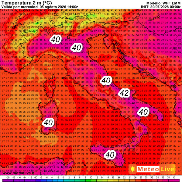 temperature previste al suolo alle ore 16 di mercoledi 5 agosto