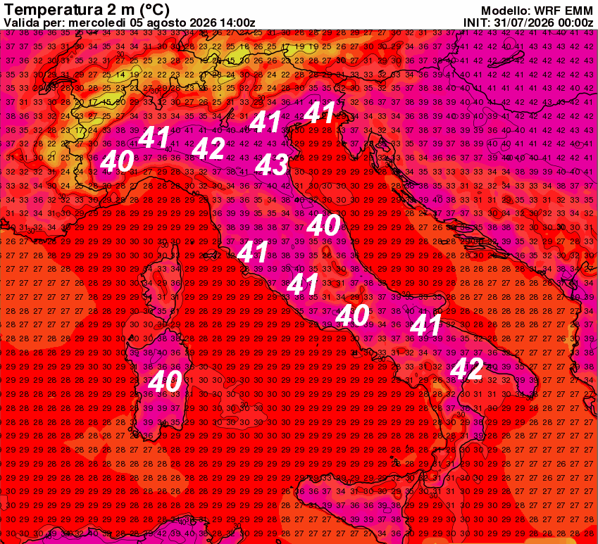 temperature attese in Italia alle ore 16 di mercoledi 5 agosto