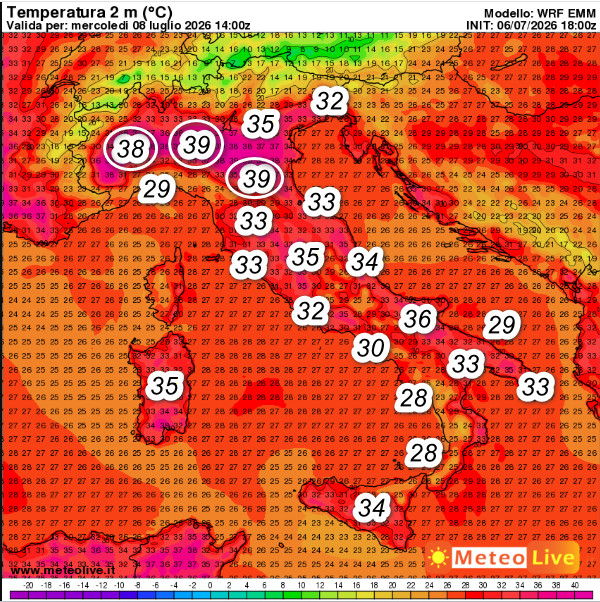 temperature attese in Italia alle ore 16 della giornata di mercoledi 8 luglio